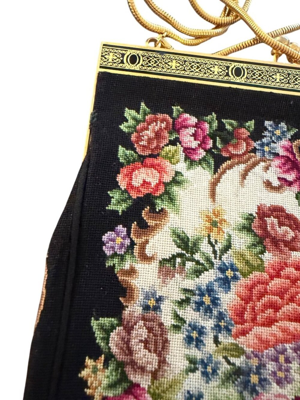 Vintage Womens Tapestry Needlepoint Clutch Purse Gold Tone Floral Cottage core - Picture 3 of 14